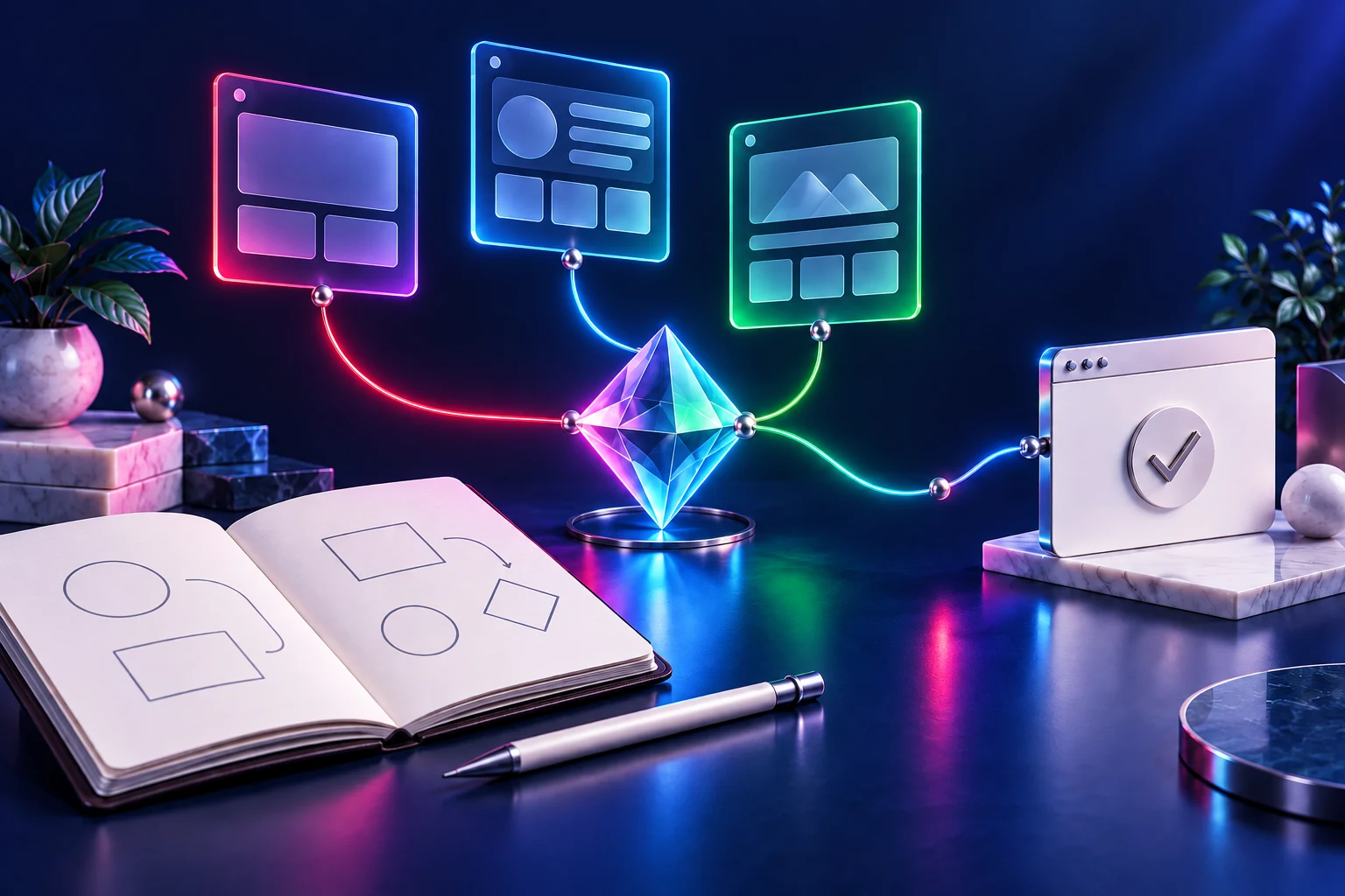 Concept illustration of a brief, connected AI-assisted interface drafts and a reviewed result