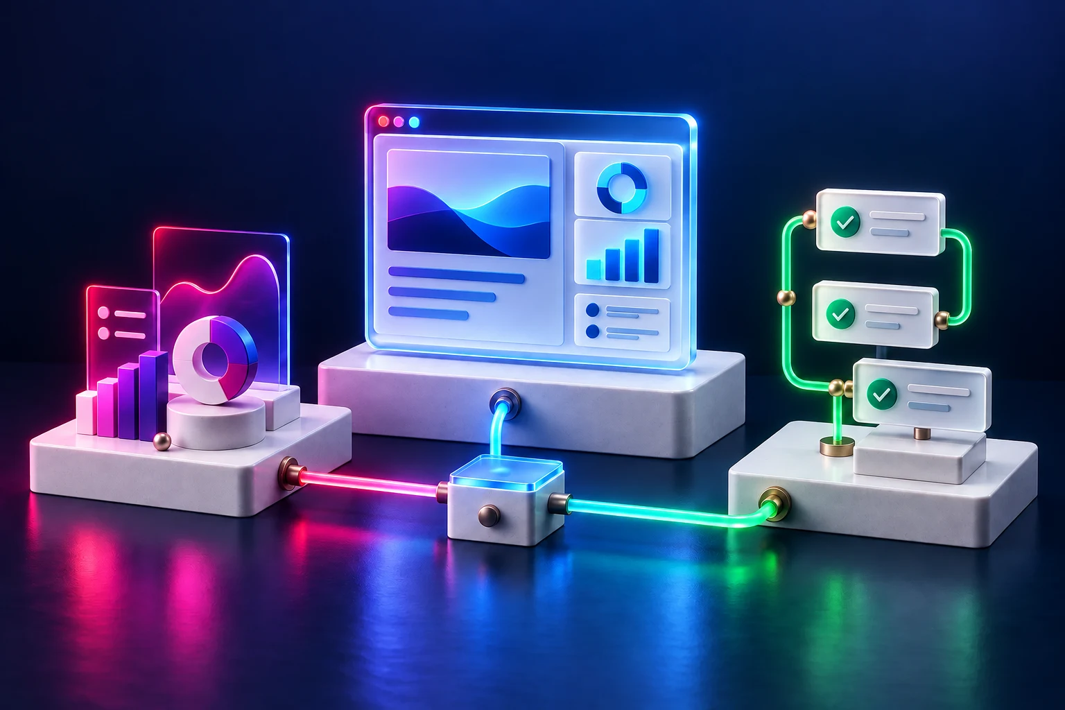 Concept illustration of connected websites, dashboards and approval workflows